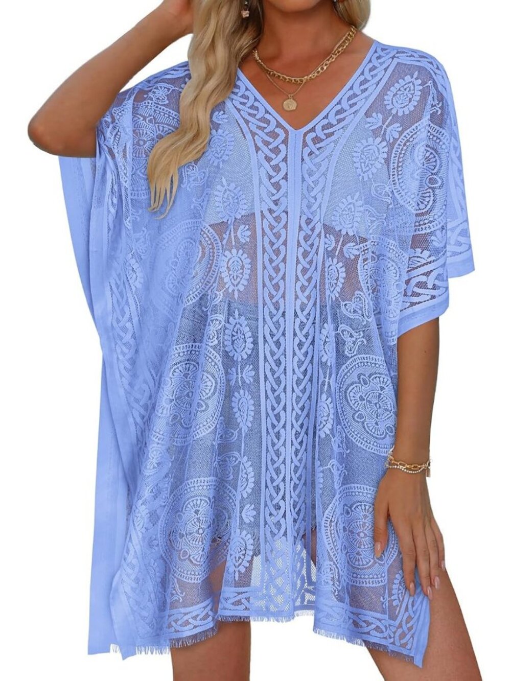 Women Sky Blue Polyester V Neck Laced Summer Swim Loose Bikni Coverup Dress